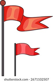 Two stylized red pennant flags on black flagpoles, flat vector design with bold, minimal colors.