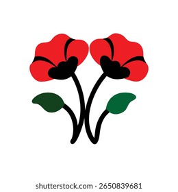 Two stylized red poppies with centers stems green leaves on poppy flower