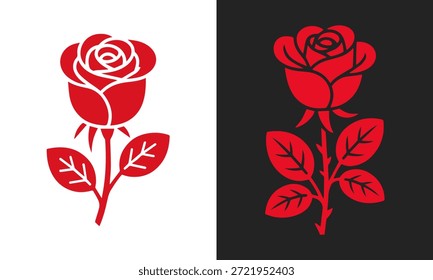 Dos rosas rojas estilizadas, una sobre un fondo blanco y la otra sobre un fondo gris oscuro, presentadas una al lado de la otra.