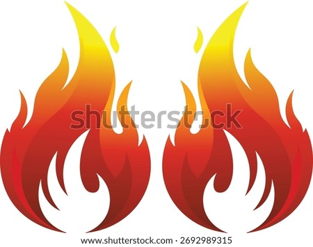Two stylized red and yellow flames on white background fire heat