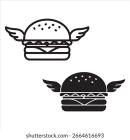 Two stylized representations of a burger with wings, one outlined and one solid.