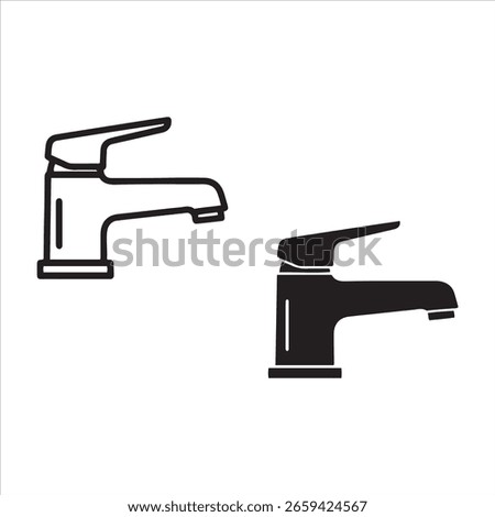 Two stylized representations of a contemporary single lever faucet, one outlined and one solid.