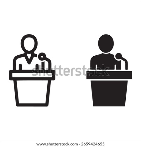 Two stylized representations of a person speaking at a podium with a microphone.
