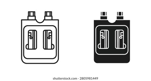 Two stylized representations of a prismatic lithium ion battery cell one line art and one solid black convey energy storage technology for innovation or power concepts.