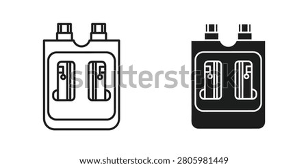 Two stylized representations of a prismatic lithium ion battery cell one line art and one solid black convey energy storage technology for innovation or power concepts.