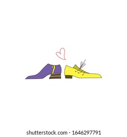 Two stylized retro style shoes on a white background with a heart. Fashionable shoes, flat hand drawing. Logo, template for the Shoe industry, store or Studio.