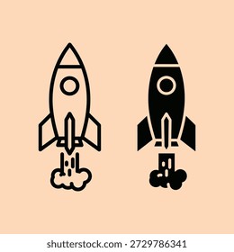 Two stylized rocket icons launching upward with smoke trails on a minimalist beige background dynamic motion design vector illustration