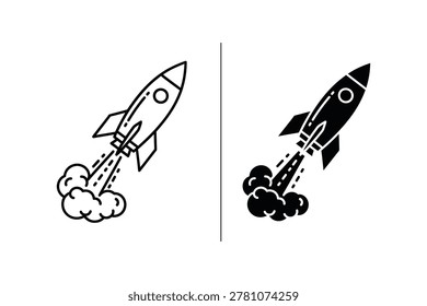 Two stylized rockets depicted in upward motion with visible exhaust flames and smoke trails. Simple line art design.