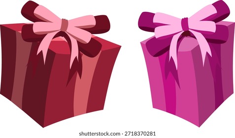 Dos cajas de regalo románticas estilizadas en magenta y borgoña con arcos decorativos, aisladas sobre un fondo blanco para el diseño del día de San Valentín y del aniversario.