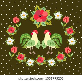 Two stylized roosters with tails and wings in shape of leaves, floral wreath and polka dot background in vector. Wrapping design, greeting or invitation card, print for fabric. Ethnic motif.