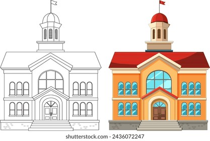 Two stylized school buildings, one traditional, one modern.