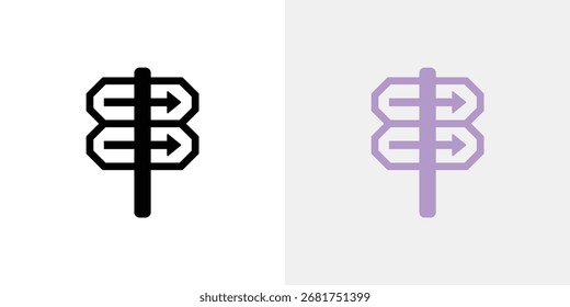 Dos iconos de señalización estilizados, uno negro y otro púrpura, que muestran flechas direccionales que indican diferentes caminos u opciones.