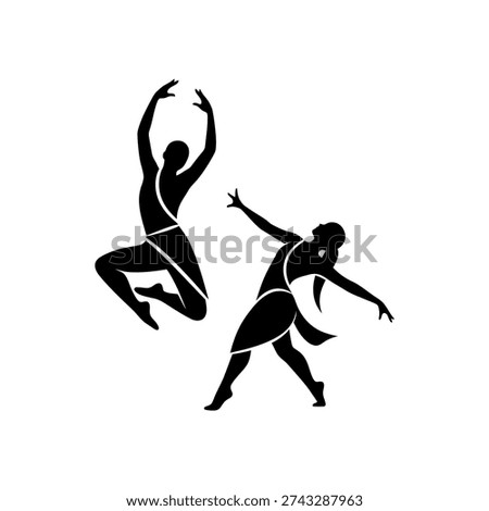 Two stylized silhouettes of dancers, one leaping gracefully and the other in a dynamic pose, showcasing movement and artistry.
