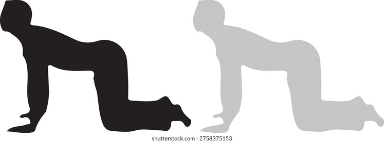 Two stylized silhouettes of a person in a crawling or quadrupedal position, one black and one light gray, depicted against a plain white background.