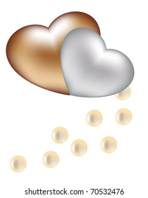 Two stylized silk hearts among a scattering of pearls