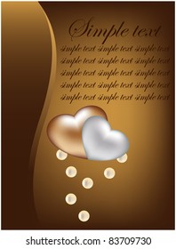 Two stylized silk hearts among a scattering of pearls on grunge brown background