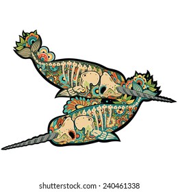 Two stylized skeleton narwhal. Narwhals. Vector illustration