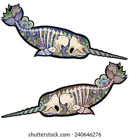 Two stylized skeleton narwhal. Narwhals. Vector illustration