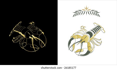 Two stylized sketches of a lobster in gold and dark green colors on white and black background. Contour of a lobster and a fill can be easily separated from a background.