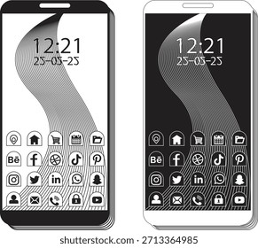 Dos pantallas estilizadas de smartphone que muestran un patrón abstracto ondulado y varios íconos App en un estilo de arte lineal en blanco y negro.
