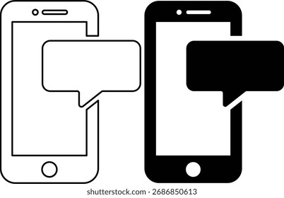 Dos smartphones estilizados, uno delineado y otro de silueta negra, muestran burbujas de chat, que simbolizan la comunicación y la mensajería.