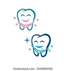 Two stylized, smiling teeth with braces, surrounded by sparkling stars, representing dental care and orthodontics.