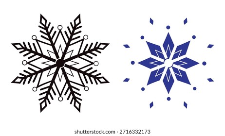 Two stylized snowflakes with geometric and organic symmetry, ideal for winter-themed vector design projects.