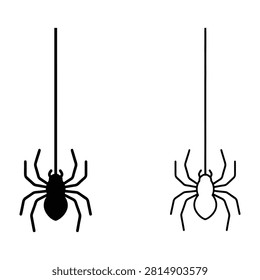The two stylized spiders, one filled in solid black and the other drawn as a simple outline. Both spiders are hanging from thin threads, dangling in mid-air against a plain white background. The is minimalist and monochromatic, using only black lines and shapes on a white canvas. The spiders appear abstract and somewhat eerie, with a clean, style that emphasizes simplicity and symmetry.