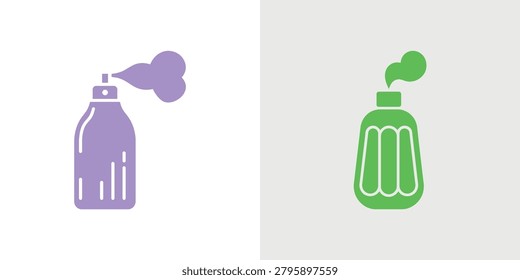Two stylized spray bottles in purple and green colors releasing liquid droplets from their nozzles against a clean background