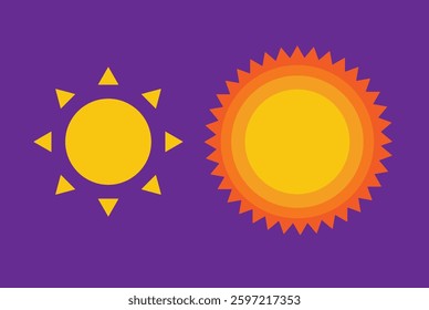Two stylized suns, one simple, one layered, against a vibrant purple backdrop. This graphic features two sun icons, one a basic yellow sun with triangle rays, the other a layered orange-yellow sun wit