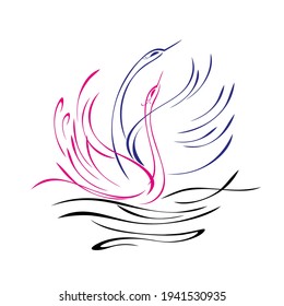 two stylized swans in love float on the water and flap their wings