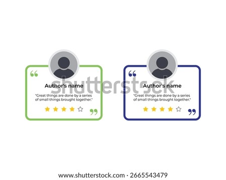 Two stylized testimonial cards, one green and one blue, featuring quotation marks, user avatars, customer feedback, and star ratings, representing positive customer reviews and user experience.