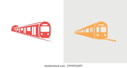 Two stylized trains in vibrant red and orange colors depicted in a minimalist flat design style with dynamic motion lines emphasizing forward movement