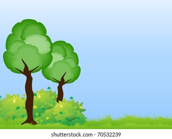 Two stylized tree with green bushes on the lawn under a blue sky