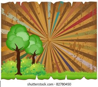 Two stylized tree with green bushes on the lawn and abstract grunge background