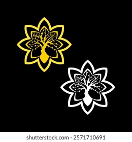 two stylized tree logos, one in yellow and the other in white, each with a tree design inside a flower-like shape on a black background