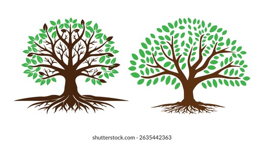 Dos siluetas estilizadas del árbol con las raíces marrones del tronco y el diseño verde de la ilustración de la naturaleza de las hojas