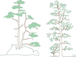 Two stylized trees with brown trunks and sparse green foliage; the left has flat, layered leaves, while the right has finer, more natural-looking branches and leaves.