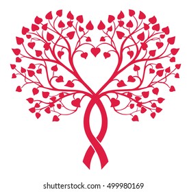 two stylized trees intertwined with heart shaped leaves, silhouette, Vector illustration, central heart shape formed by intertwined branches