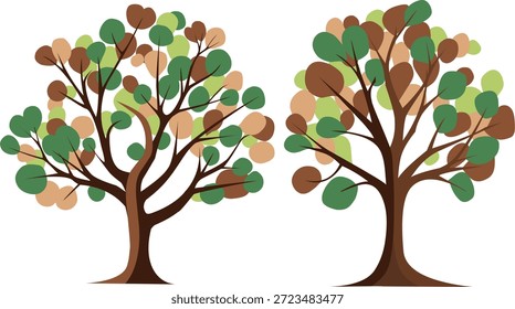 Dos árboles estilizados con hojas redondas de colores. Ilustración vectorial plana en estilo Corporativa de Memphis. Naturaleza, parque, medio ambiente, y el concepto de bosque de otoño aislado en el fondo blanco.