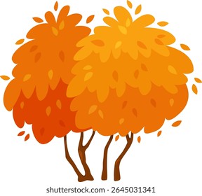 Duas árvores estilizadas ficam lado a lado, com suas copas cheias exibindo um rico espectro de tons laranja e avermelhado, criando uma cena quente e convidativa no outono