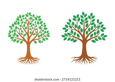 Duas árvores estilizadas com folhas verdes vibrantes e raízes visíveis sobre um fundo branco limpo