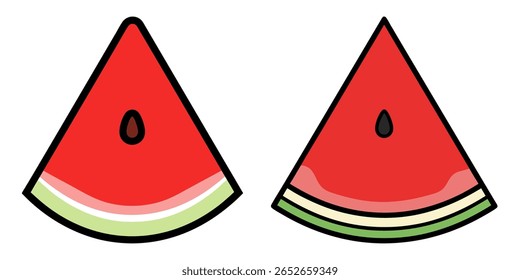 Two stylized, triangular slices of watermelon with black outlines. Each slice features vibrant red flesh, a light pink gradient, and a green rind, with a single black seed.