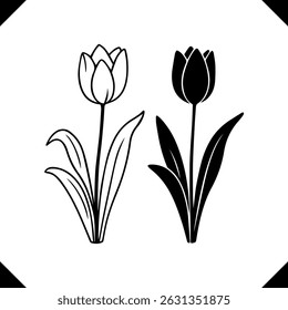 Twee gestileerde tulpenvector - licht versus donkere schaduw, elk gebogen bladeren, gesloten knoppen voor contrast