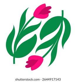 Two stylized tulips with symmetrical, dark-green leaves on a white background