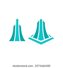 Two stylized, turquoise geometric shapes resembling abstract arrows or towers