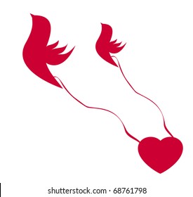 Two stylized vector birds bearing on a tape red heart