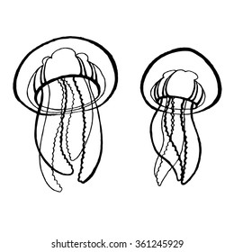 Two stylized vector graphic black and white jellyfish isolated on white background.