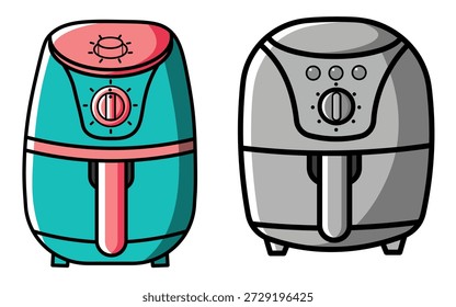 Se muestran dos iconos vectoriales estilizados de aparatos modernos de freidora de aire, con una versión colorida verde azulado y rosa y una versión clásica monocromática en escala de grises, aislada sobre fondo blanco para facilitar su uso.