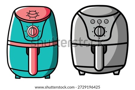 Two stylized vector icons of modern air fryer appliances are shown, featuring both a colorful teal and pink version and a classic grayscale monochrome version, isolated on white background for easy use.
